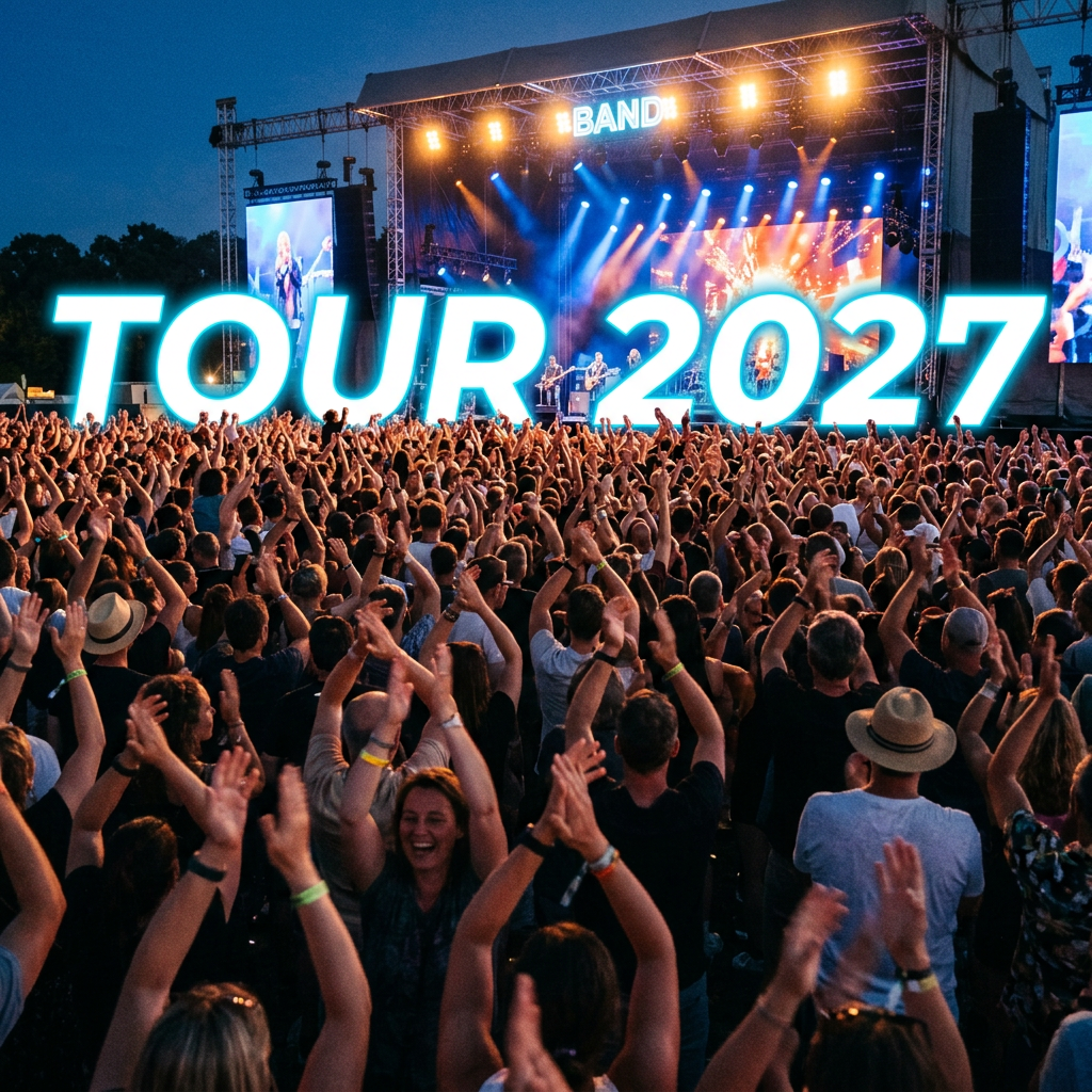Crowd cheering beneath a concert stage labeled TOUR 2027